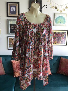 SLINKY BRAND size XL Red Green & Blue Colorful Paisley Print Draping Tunic Top